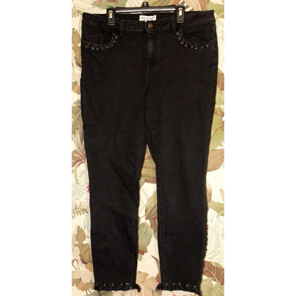 Women's Artisan NY Black Stretch Jegging Pants Pocket Detail Raw Hem Sz 12 Jeans